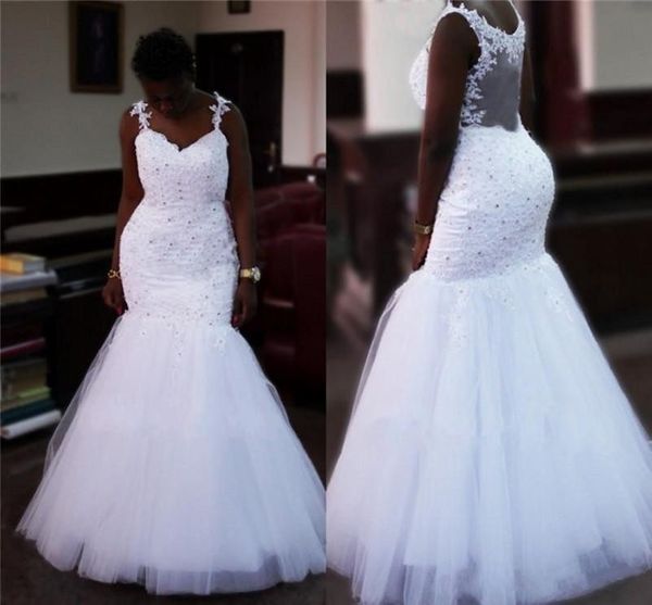 

South Afrian Mermaid Wedding Dresses Lace Spaghetti Sheer Back Bridal Gowns Appliques Beads Tulle Floor Length Wedding Vestidos