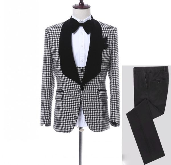 

customize houndstooth groom tuxedos shawl lapel one button side vent men wedding blazer men prom dinner business suit(jacket+pants+tie+vest), Black;gray