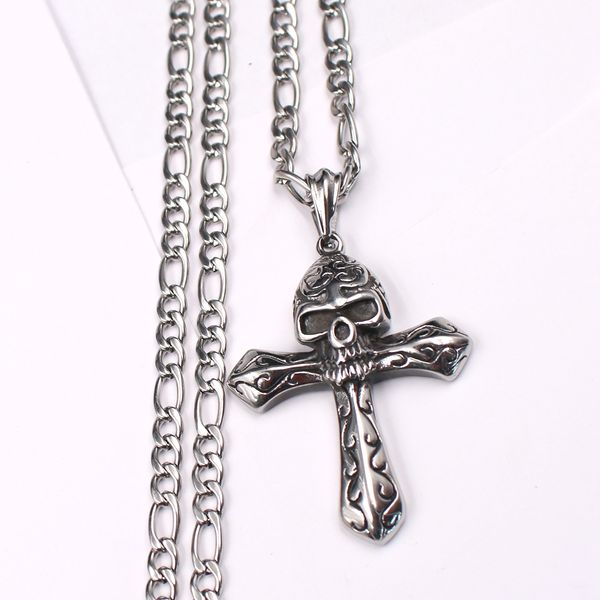 

father gifts .husband gifts men 316l stainless steel large biker cross skull punk design necklace pendant 6mm 24 inch nk chain silver