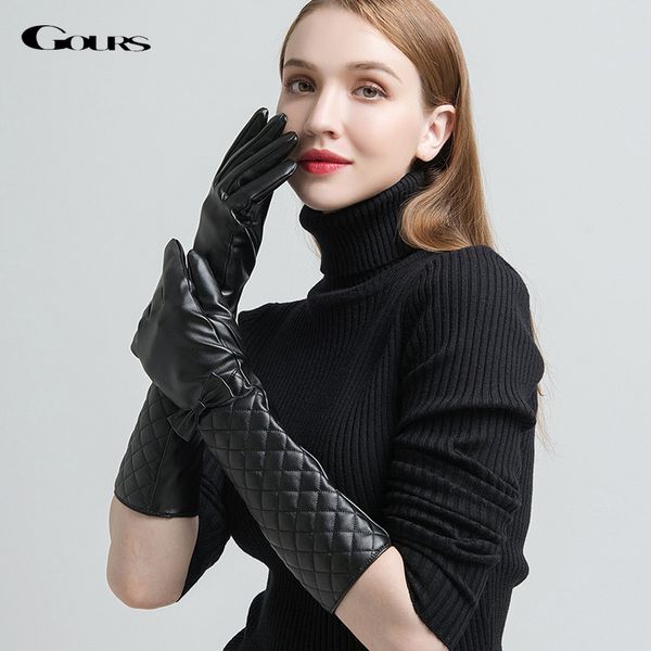 

gours pu leather gloves for women fashion brand black touch screen long finger gloves bow-knot warm in winter new arrival gsl043, Blue;gray