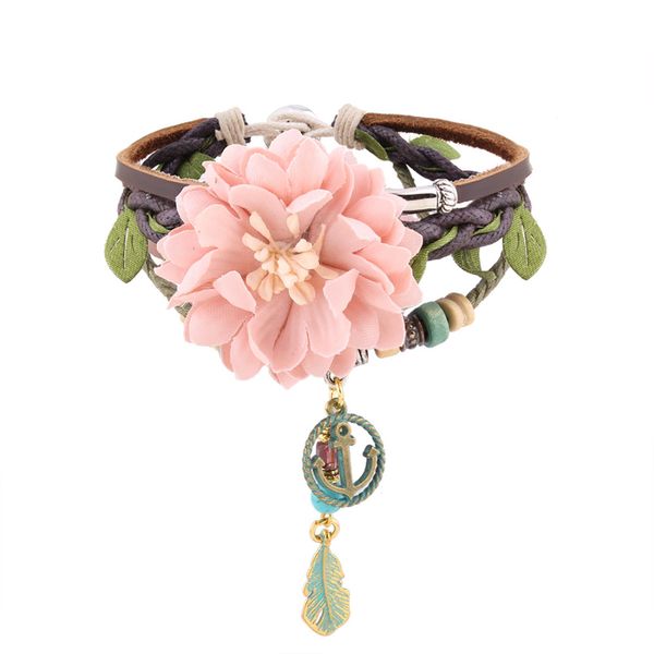 

fashion jewelry multi-layer hand braided leather flower bracelet bangle anchor charms simple wild bracelets for bridemaids gift, Golden;silver