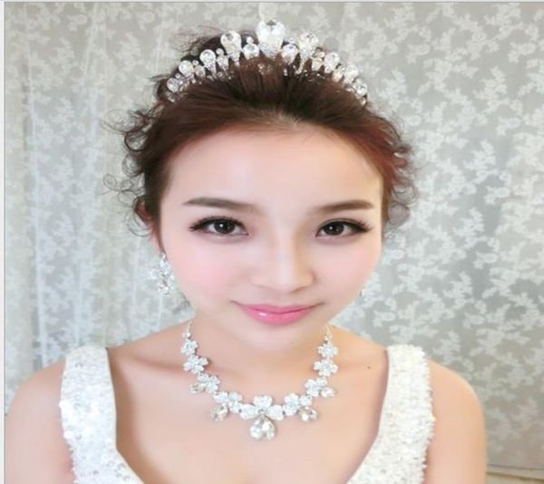 

bridal jewelry wedding necklace three set korean wedding head crown drill head dress accessories, Slivery;golden
