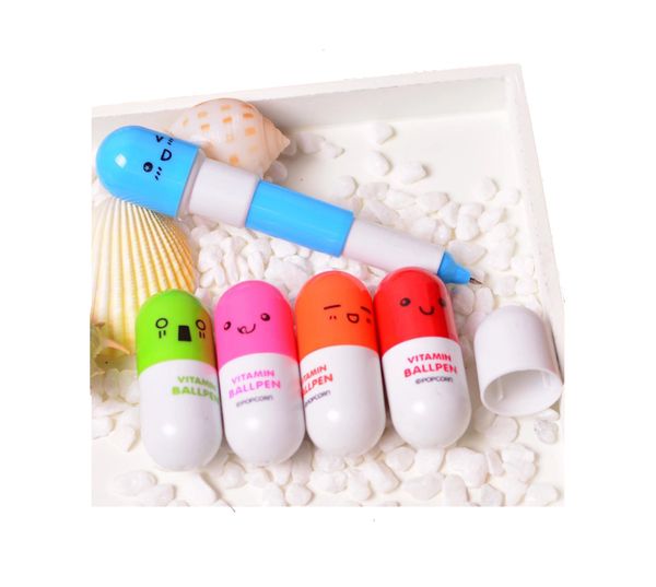 

100 pcs/set creative cute pill ballpoint pen student stationery cartoon expression retractable pen gift office and school supplies, Blue;orange