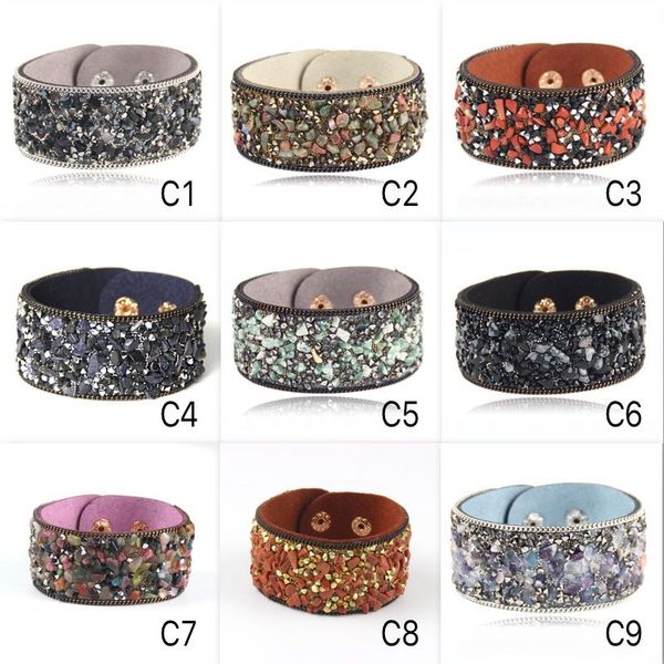 

irregular natural stone bangle hand made pu leather bracelets crystal gravel stones bracelet korean velvet width 3cm, Black