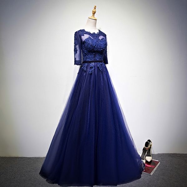 Abiti da sera in tulle blu navy con applicazioni in pizzo 2019 Abiti da sera lunghi fino al pavimento Nuovo abito per la madre della sposa