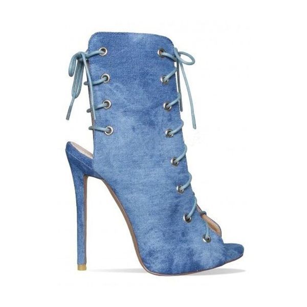 Женщины Мода Peep Toe Blue Джинсовая шнурок Тонкий каблук Короткие Гладиаторные Сапоги Вырезанные Лодыжки Обертывание Высокие Каблуки Лодыжки Верений Платье Обувь