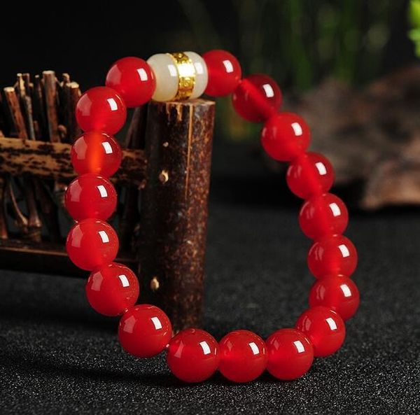 

nature handmade fashion trendy 10mm red agate with hetianjade bracelet women and men lucky gifts, Golden;silver