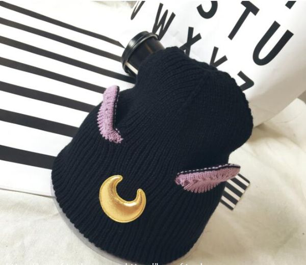 

cat ears beautiful girl cartoon moon knitting wool hat woman, Blue;gray