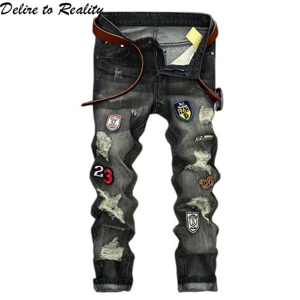 

men's distressed ripped motorcycle biker jeans patchwork pants slim fit mens moto denim hip hop punk streetwear for men 163#, Blue