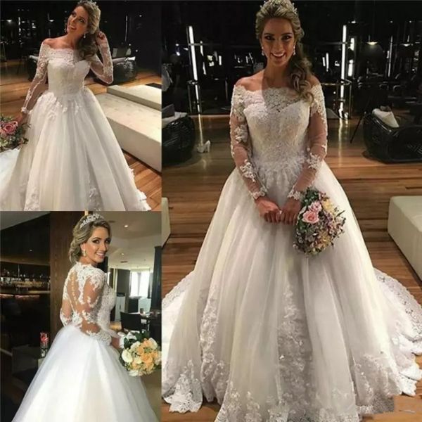 

2018 modest a-line wedding dress sheer long sleeve lace appliques chapel train vestidos illusion back bridal gowns, White