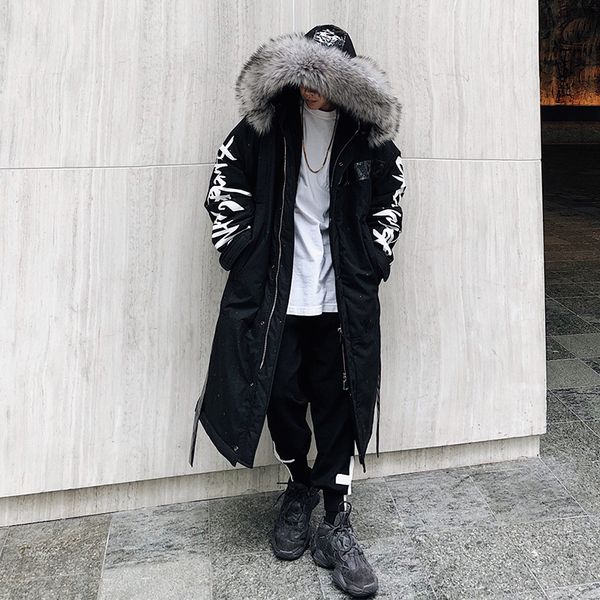 

winter hip hop fashion long fur collar coat 2018 cotton jacket hoodies clothing street wear outerwear & coats warm thick, Black