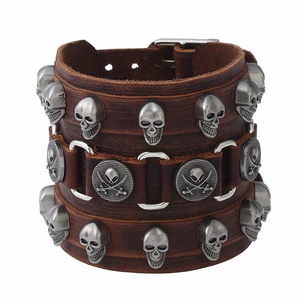 

2019 exaggeration atmosphere wide human skeleton head leather bracelet cross border punk, Black