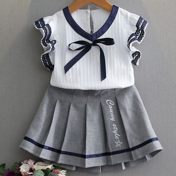 

girls sets 2018 new summer children's clothing girls lace bow v-neck + college wind pleated skirt suit, White
