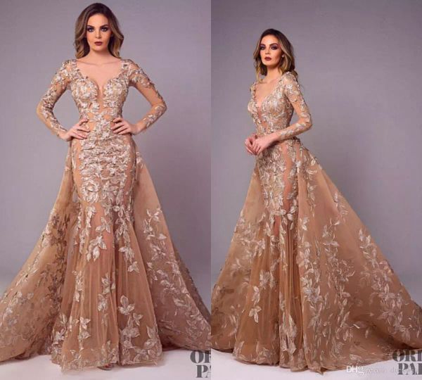 

Tony chaaya champagne evening dre e with detachable kirt v neck weep train long leeve prom dre lace applique illu ion formal gown