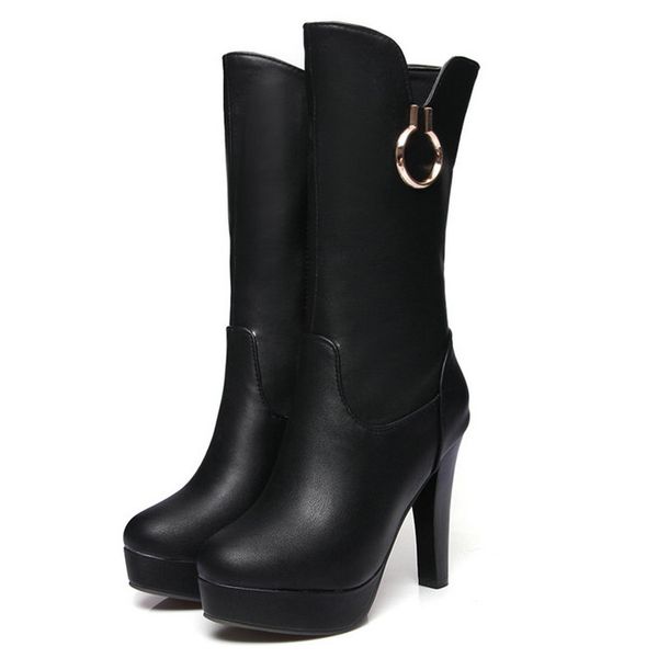 

size 34-43 female metal decoration mid calf boots women zips platform shoes lady plus size dress boot woman high heels shoe, Black