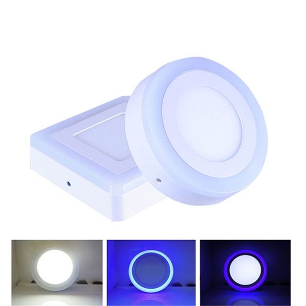 

6w 9w 16w 24w blue+white round/square no cut double color led panel light surface mounted downlight led ceiling light