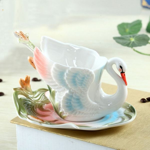 

swan coffee cup colored enamel porcelain mug with saucers and spoons of holiday get married creative gift ing