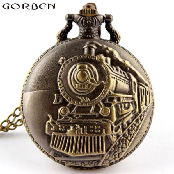 

unique retro bronze train front locomotive engine design necklace pendant quartz pocket watch with fob chain mens womens gifts, Slivery;golden