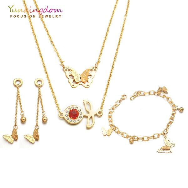 

yunkingdom stainless steel jewelry sets for women red cubic zirconia choker necklaces bracelets earrings sets uh0014, Silver