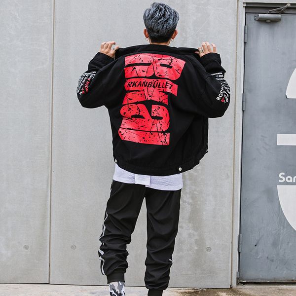 

denim jacket letter print coat black single breasted bomber men hip hop punk rock men basic jeans coat outwear streetwear, Black;brown