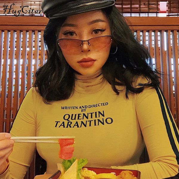 

hugcitar cotton long sleeve high neck letters print t-shirt 2017 women fashion pullover crop solid female casual clothing, White