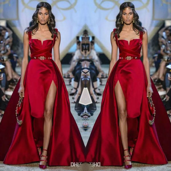 Elie Saab Vermelho Vestidos de Baile Querida Side Dividir Vestidos de Noite com Trem Destacável Personalizado Cetim Formal Vestidos