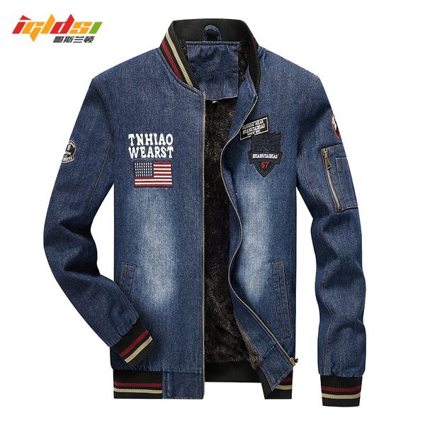 

men's winter thick pilot denim jacket coats casual fashion men bomber baseball jackets men's jean fleece jacket chaqueta hombre, Black;brown