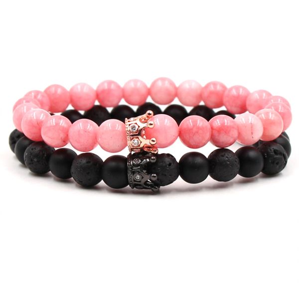 

fashion black pink stone beads with gold black alloy crown bracelet ladies men's couple pulsera jewelry