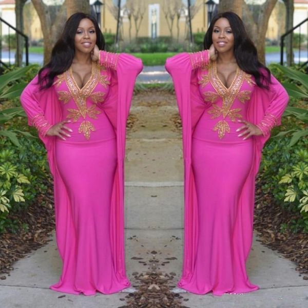 

2017 Hot Pink Moroccan Kaftan Turkish Evening Dresses Long Sleeves Deep V Neck Evening Gowns Gold Beads Arabic Dubai Prom Party Dresses