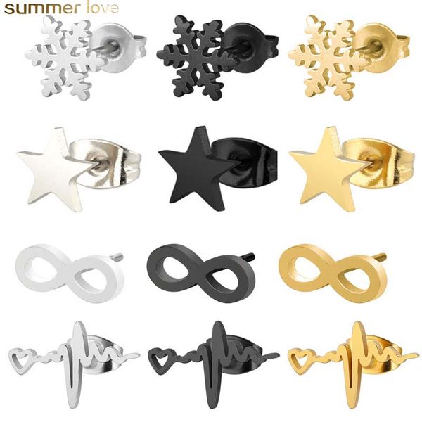 

316l stainless steel infinite star snowflake stud earring for women sliver gold black heart earrings christmas gift, Golden;silver