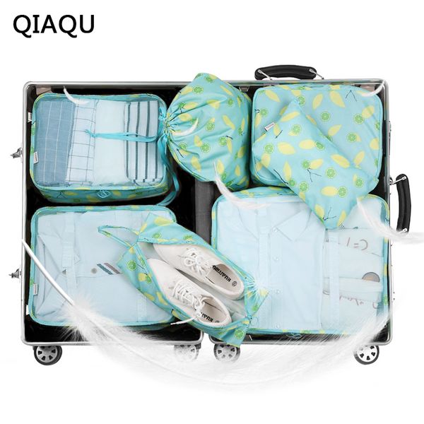 

qiaqu 2018 nylon packing cube travel bag system durable 7 pieces one set large capacity of clothing sorting organize bag
