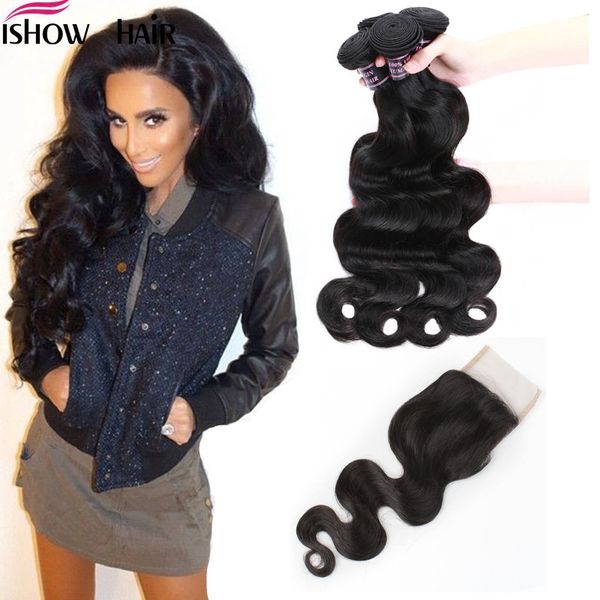 

good8a brazilian indian malaysian virgin hair body weave 3pcs with lace closure unprocessed pure hair extension ishow products, Black