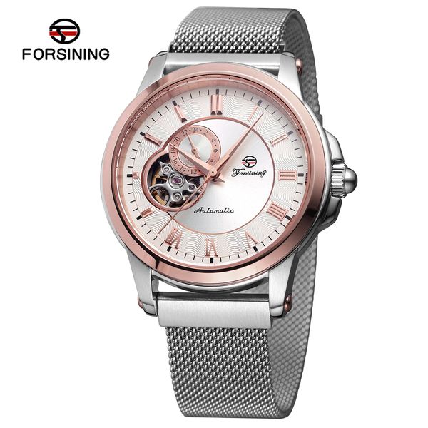 

forsining self wind automatic watch men silver mesh stainless steel mechanical watches man with magnet buckle relogio masculino, Slivery;brown