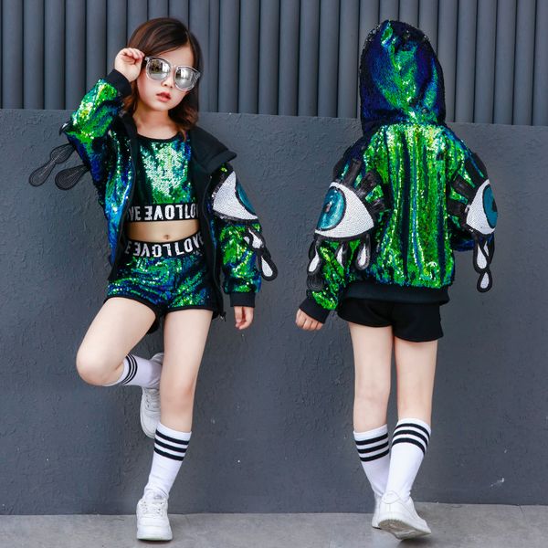 

sequin kids ballroom dance costume crop dancing short pant girls hip hop hoodie jazz dance coat fashion dancewear clothing, Black;red