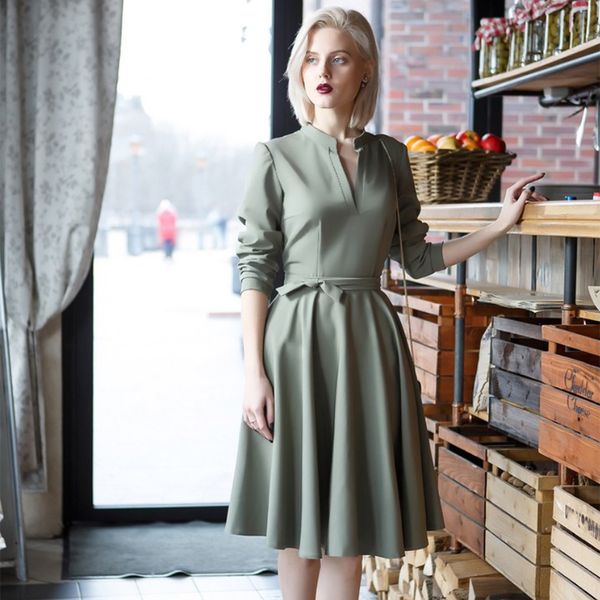 

green v neck pleated women dress sashes 2018 fashion vintage bandage long sleeve party women dresses vestidos, White;black