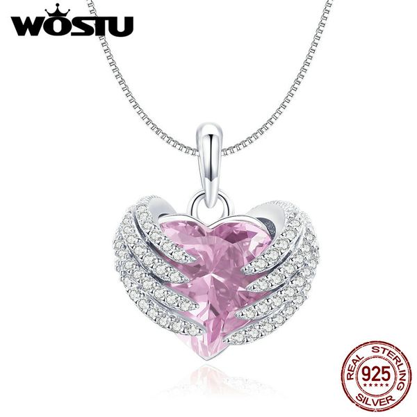 

wostu 925 sterling silver guardian heart pink austrian crystal pendant necklace for women jewelry gift fnn004