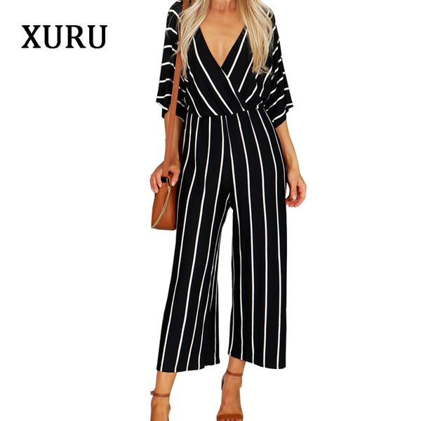 

xuru новая партия белый черный полосатый комбинезон девять брюки труба сексуальный глубокий v-образным вырезом ползунки дамы комбинезон широ, Black;white