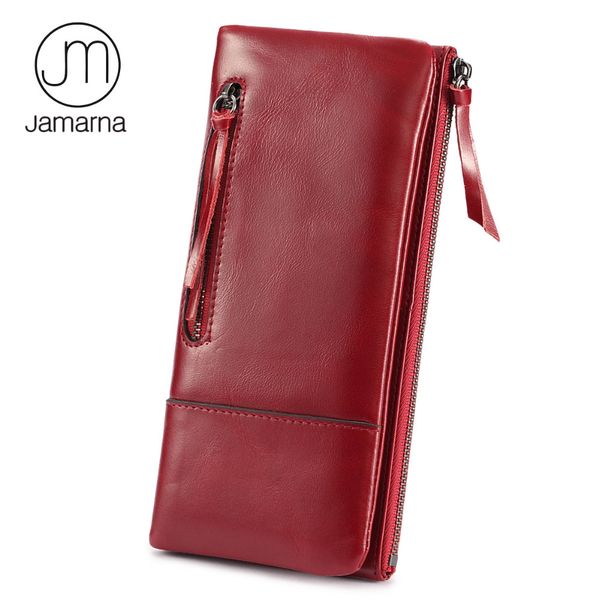 

jamarna genuine leather women wallets oil wax female coin purse card holder double zipper phone wallet female red, Red;black