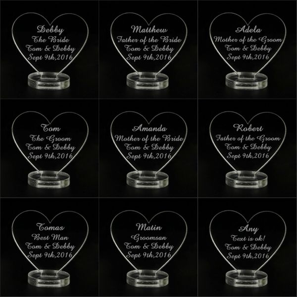 

1 piece personalized engraved clear love heart table place stand card decor wedding favors customized 5.5 cm * 6 cm