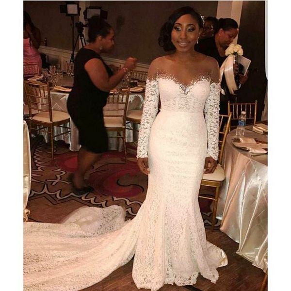 

plus size wedding dresses saudi african sheer neckline beads mermaid bridal gowns with long train custom made lace wedding dress, White