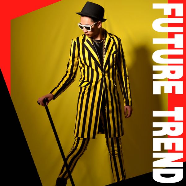 

s-5xl 2018 nightclub male new clothing singer dj gd fashion yellow and black stripe plus size singer stage costumes, White;black