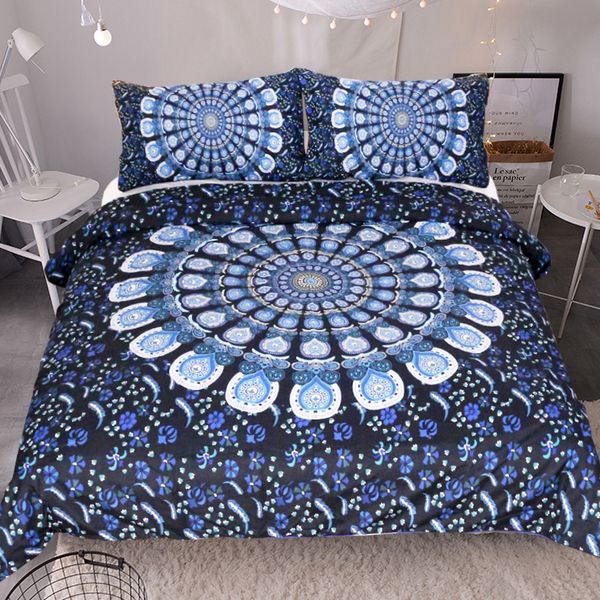 

3d blue white flower mandala pattern bedding set bohemia duvet cover luxury plain home textiles twin full  king