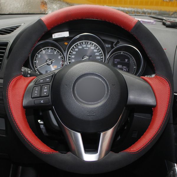 

red genuine leather black suede car steering wheel cover for mazda cx-5 cx5 atenza 2014 new mazda 3 cx-3 2016 scion ia 2016