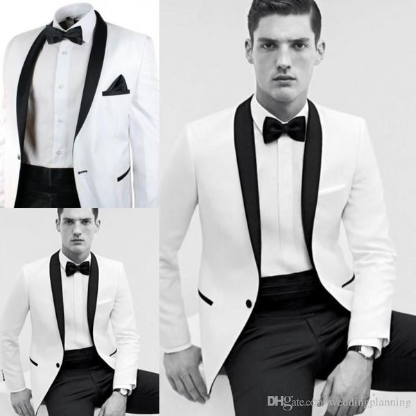 New Fashion White Smoking dello sposo Scialle Risvolto One Button Groomsmen Uomo Business Formal Suit Party Prom Suit (Jacket + Pants + Papillon + Girdle)