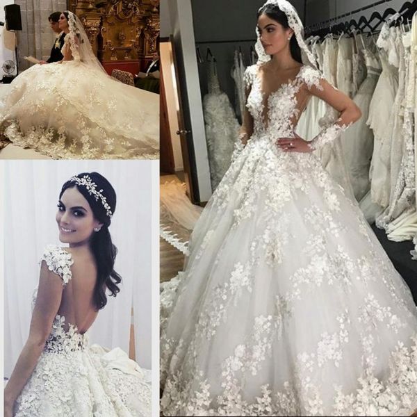 

arabic dubai bridal gowns wedding dresses full lace appliques long sleeves wedding dress plus size robe de mariee, White