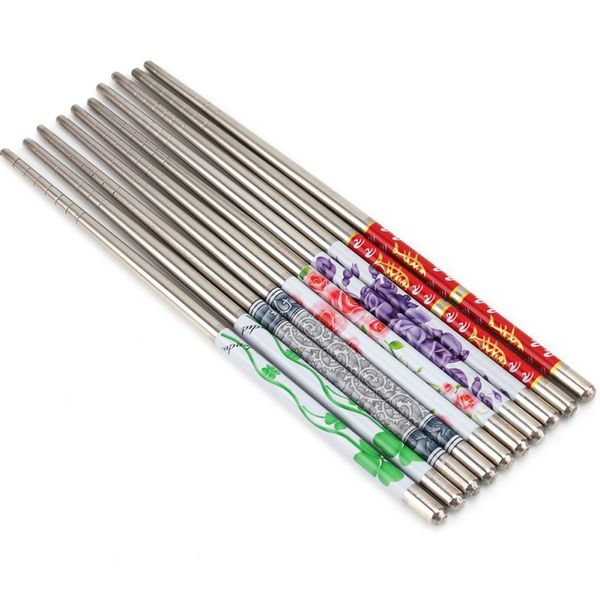 

5 pairs flower print stainless steel chinese chopsticks anti-skip style durable chop sticks dinner tableware for home restaurant