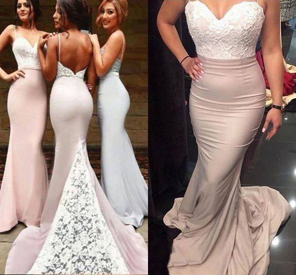 

2020 bridesmaid dresses prom gowns spaghetti straps mermaid backless lace prom dresses formal maid of honor dress, White;pink
