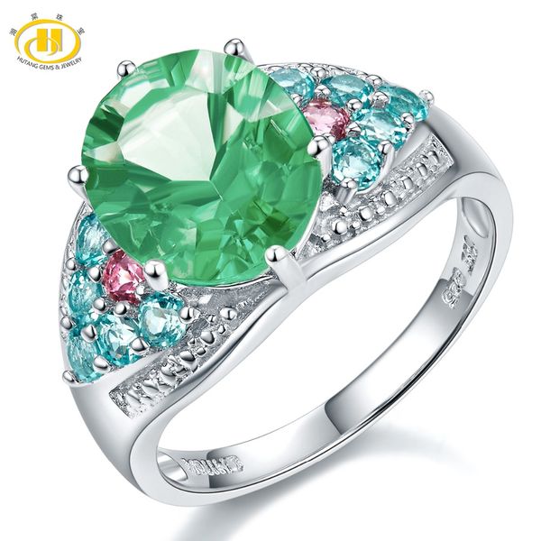 

hutang stone jewelry genuine green fluorite apatite tourmaline 925 sterling silver cocktail ring women fine jewelry for gift, Golden;silver