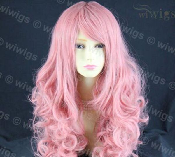 Splendida parrucca da donna lunga e riccia rosa latte, in pelle, cosplay, ondulata, da WIWIGS UK