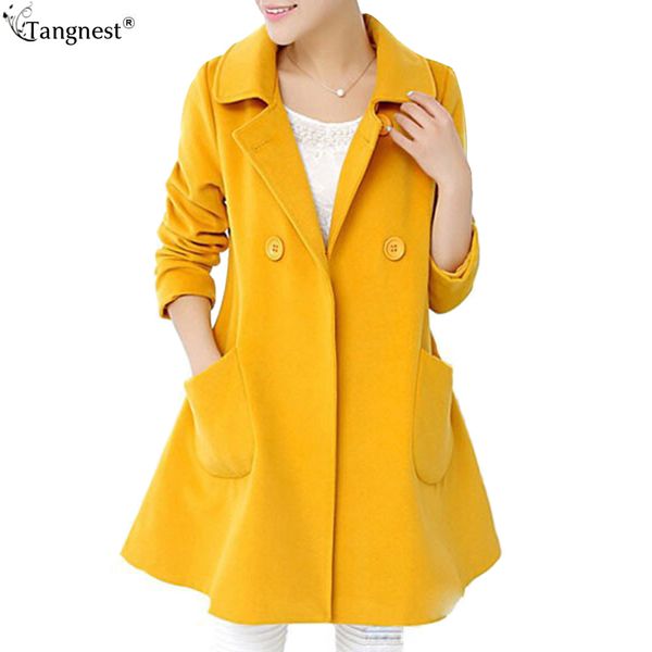 

tangnest women flare trench 2017 new plus size spring autumn women jacket solid double breasted blended long coat jackets wwn678, Black